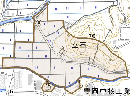 立石とその周辺の地図。町の範囲を重ねている