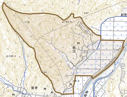 栃江とその周辺の地図。町の範囲を重ねている
