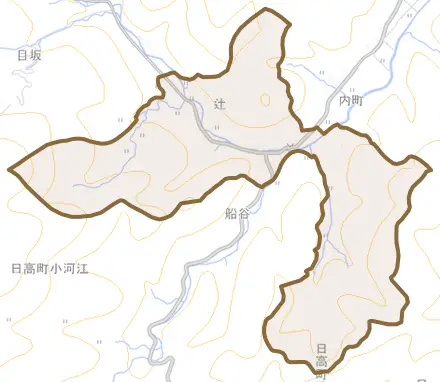 辻とその周辺の地図。町の範囲を重ねている