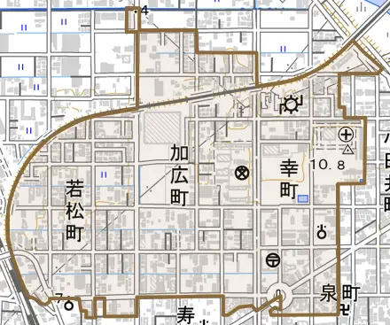 若松町とその周辺の地図。町の範囲を重ねている
