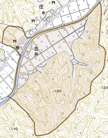 吉井とその周辺の地図。町の範囲を重ねている