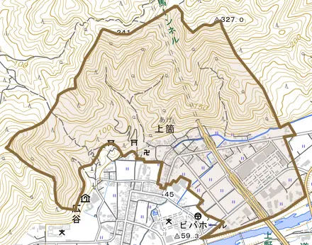 上箇とその周辺の地図。町の範囲を重ねている