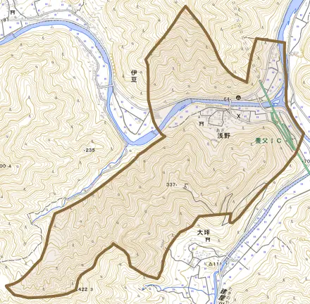 浅野とその周辺の地図。町の範囲を重ねている