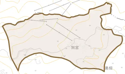 別宮とその周辺の地図。町の範囲を重ねている