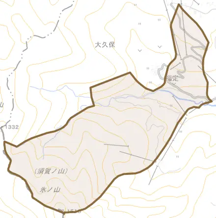 福定とその周辺の地図。町の範囲を重ねている