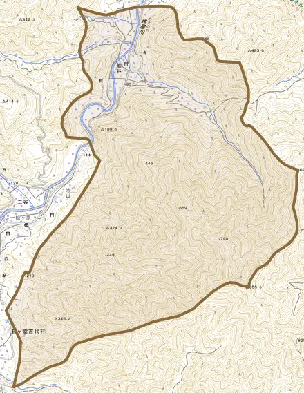 船谷とその周辺の地図。町の範囲を重ねている