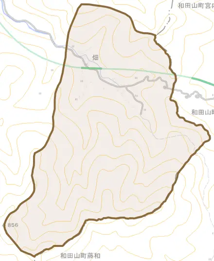 畑とその周辺の地図。町の範囲を重ねている