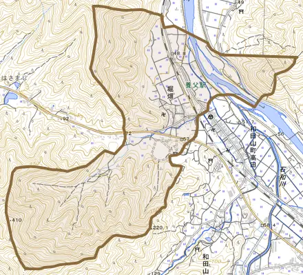 堀畑とその周辺の地図。町の範囲を重ねている