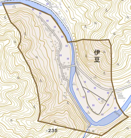 伊豆とその周辺の地図。町の範囲を重ねている