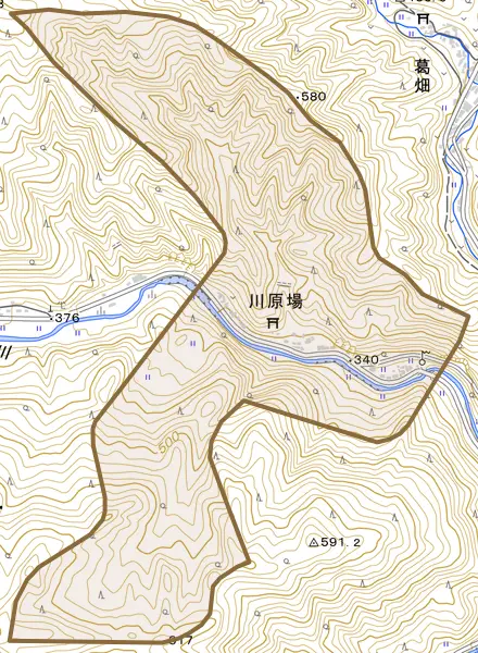 川原場とその周辺の地図。町の範囲を重ねている