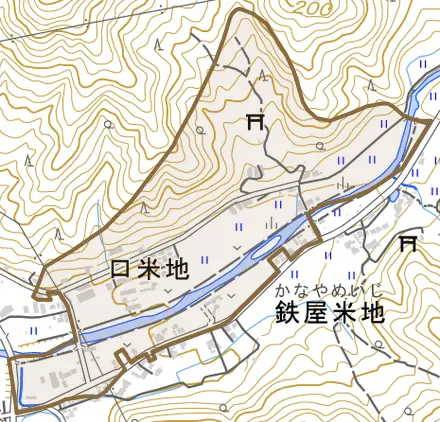 口米地とその周辺の地図。町の範囲を重ねている