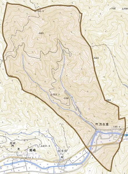 万久里とその周辺の地図。町の範囲を重ねている