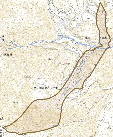 奈良尾とその周辺の地図。町の範囲を重ねている