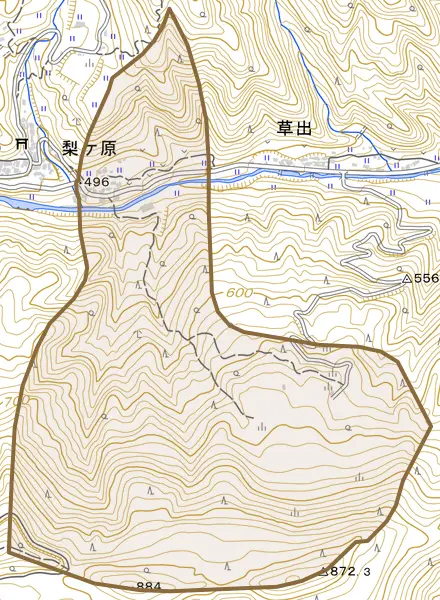 梨ケ原とその周辺の地図。町の範囲を重ねている