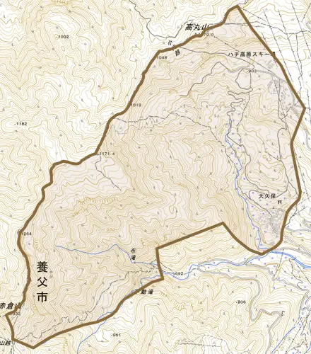 大久保とその周辺の地図。町の範囲を重ねている
