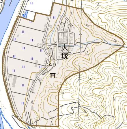 大塚とその周辺の地図。町の範囲を重ねている