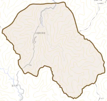 大屋町明延とその周辺の地図。町の範囲を重ねている