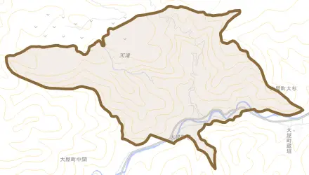 大屋町筏とその周辺の地図。町の範囲を重ねている