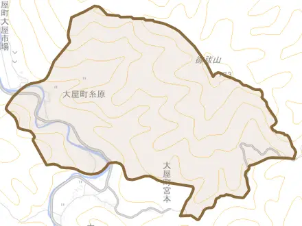 大屋町糸原とその周辺の地図。町の範囲を重ねている