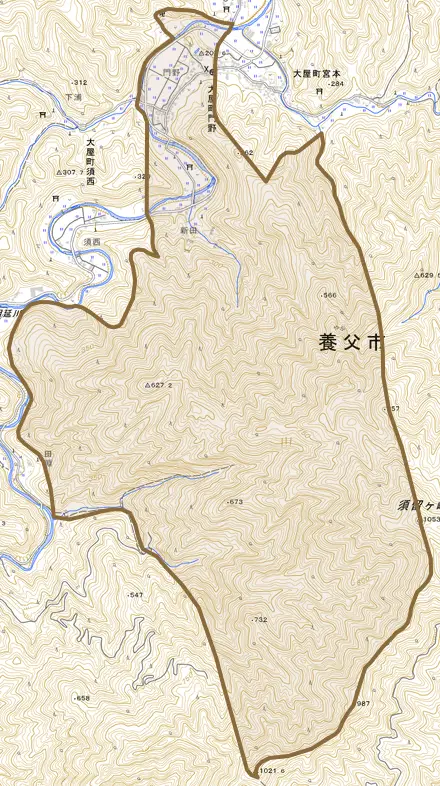 大屋町門野とその周辺の地図。町の範囲を重ねている