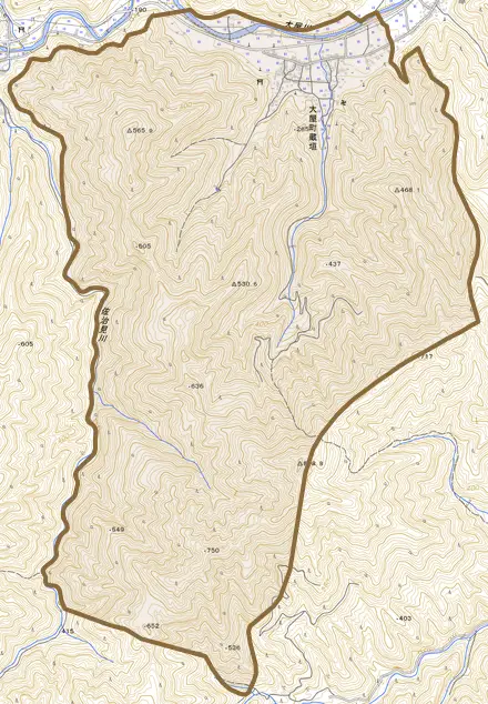 大屋町蔵垣とその周辺の地図。町の範囲を重ねている