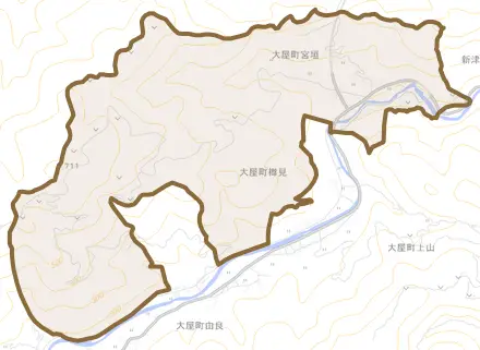 大屋町宮垣とその周辺の地図。町の範囲を重ねている