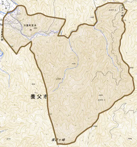 大屋町宮本とその周辺の地図。町の範囲を重ねている