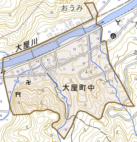 大屋町中とその周辺の地図。町の範囲を重ねている