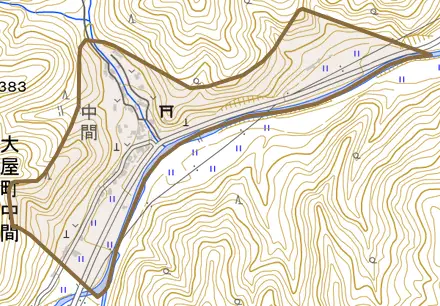 大屋町中間とその周辺の地図。町の範囲を重ねている