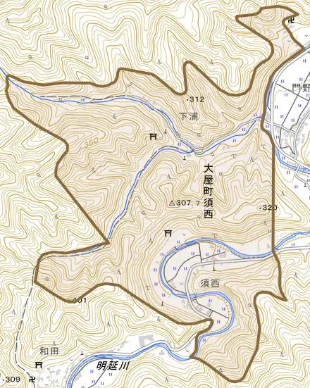 大屋町須西とその周辺の地図。町の範囲を重ねている