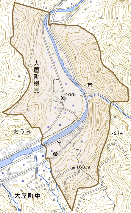 大屋町樽見とその周辺の地図。町の範囲を重ねている