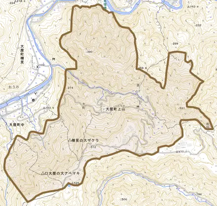 大屋町上山とその周辺の地図。町の範囲を重ねている