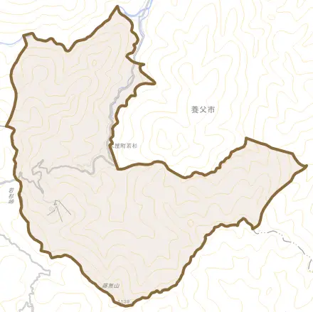 大屋町若杉とその周辺の地図。町の範囲を重ねている