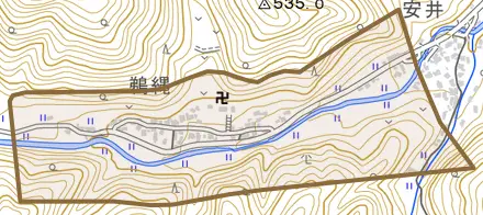 鵜縄とその周辺の地図。町の範囲を重ねている