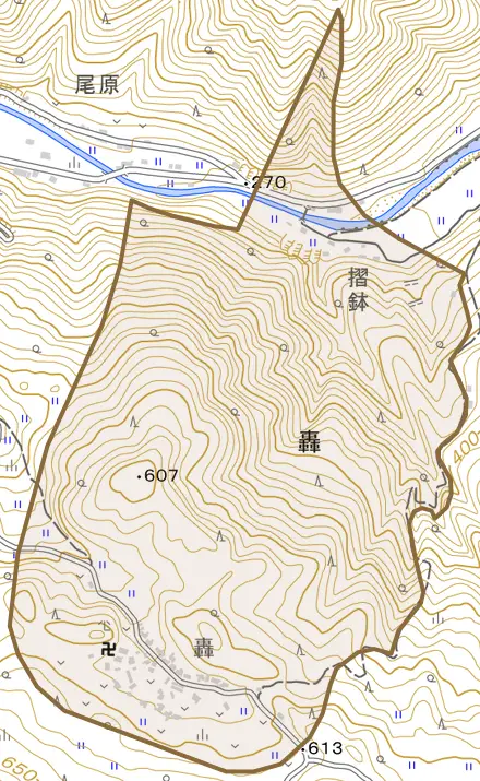 轟とその周辺の地図。町の範囲を重ねている