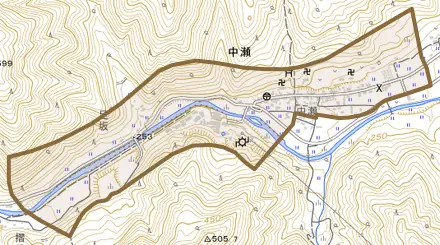 中瀬とその周辺の地図。町の範囲を重ねている