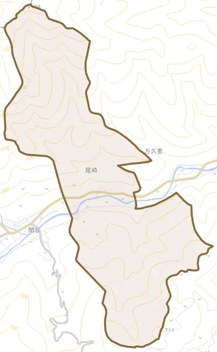尾崎とその周辺の地図。町の範囲を重ねている