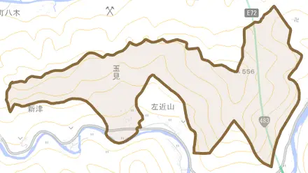 玉見とその周辺の地図。町の範囲を重ねている