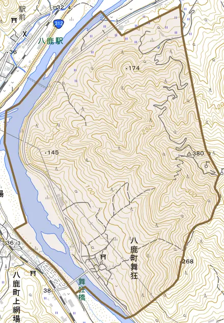 八鹿町舞狂とその周辺の地図。町の範囲を重ねている
