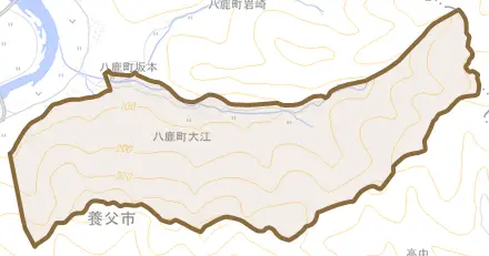 八鹿町大江とその周辺の地図。町の範囲を重ねている