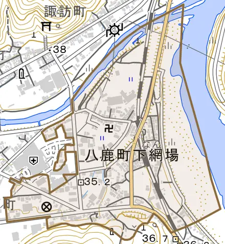 八鹿町下網場とその周辺の地図。町の範囲を重ねている