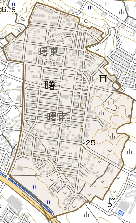 大字曙とその周辺の地図。町の範囲を重ねている