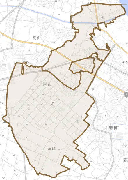 大字阿見とその周辺の地図。町の範囲を重ねている