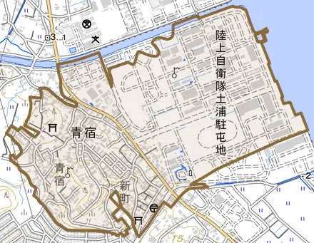 大字青宿とその周辺の地図。町の範囲を重ねている