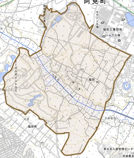 大字福田とその周辺の地図。町の範囲を重ねている
