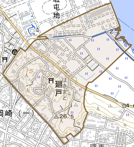 大字廻戸とその周辺の地図。町の範囲を重ねている