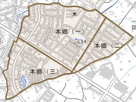 本郷とその周辺の地図。町の範囲を重ねている