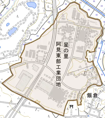 大字星の里とその周辺の地図。町の範囲を重ねている