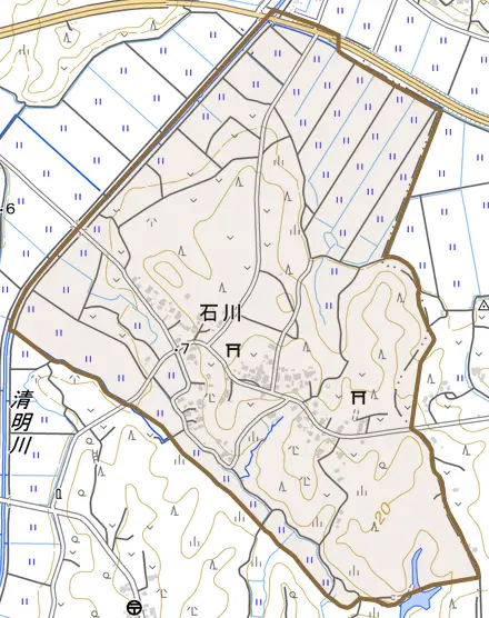 大字石川とその周辺の地図。町の範囲を重ねている