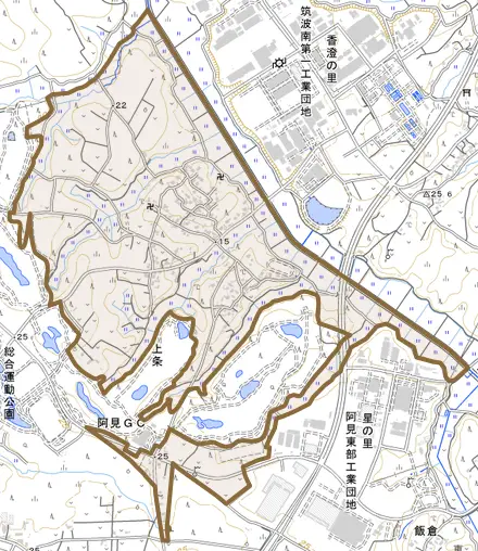 大字上条とその周辺の地図。町の範囲を重ねている